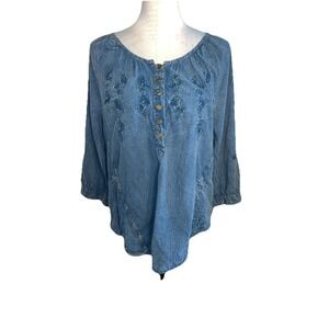 Dress Barn Boho Western Embroidered Lightweight Denim Tunic Blouse Women's XL